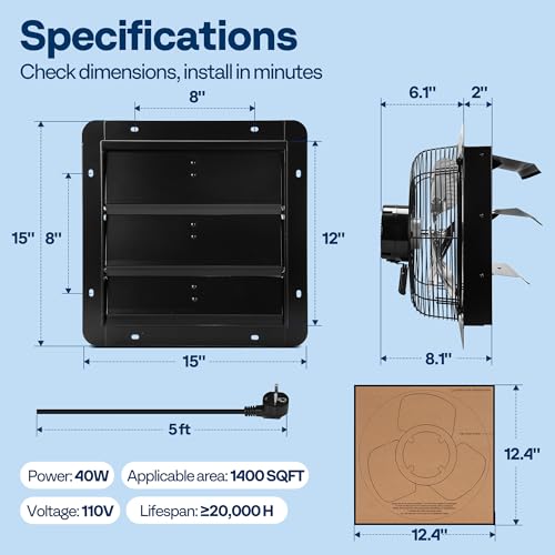 VIVOHOME 12" Shutter Exhaust Fan with EC Motor – 1300 CFM with Thermostat, Variable Speed, Timer, Wall-Mounted for Attic, Garage, Greenhouse, Chicken Coop, Barn Ventilation - size: 12"