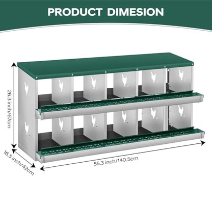 GarveeLife Chicken Nesting Box, 10 Compartments Nesting Box for Chickens, Two-Tier Steel Chicken Egg Laying Box with Large Vented Holes Wall Mounting for Easy Egg Collection - color: Green / 10 Compartments