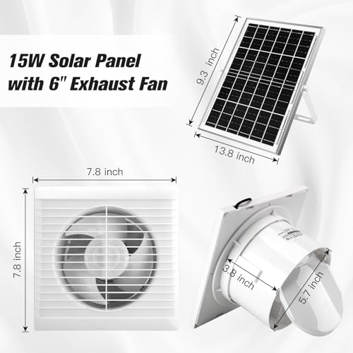 blessny Solar Powered Exhaust Fan, 15W Solar Panel + 6" Ventilation Vent Fan for Outside Greenhouse, Chicken Coop, Shed, Pet House - size: 6" Fan Kit