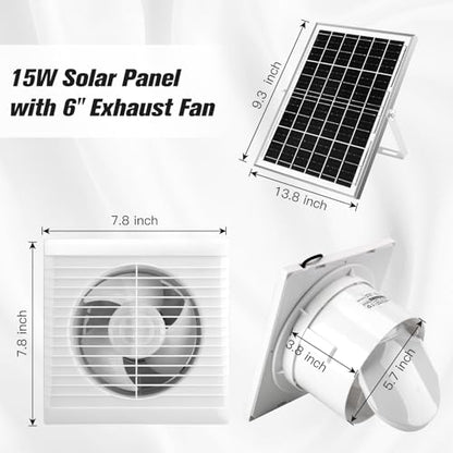 blessny Solar Powered Exhaust Fan, 15W Solar Panel + 6" Ventilation Vent Fan for Outside Greenhouse, Chicken Coop, Shed, Pet House - size: 6" Fan Kit