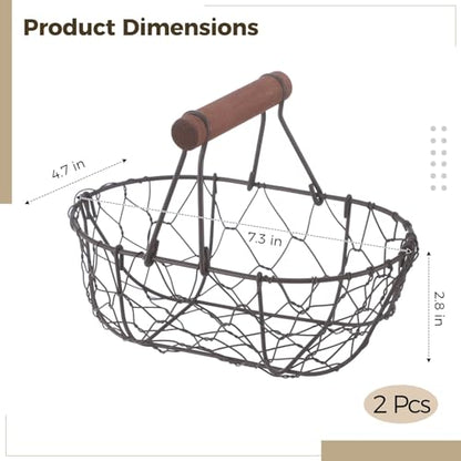 2 Pcs Chicken Wire Egg Baskets, Farmhouse Chicken Egg Collecting Baskets, Rustic Metal torages with Wooden Handle, Small Stackable Holders for Fruits, Vegetables, Sundries