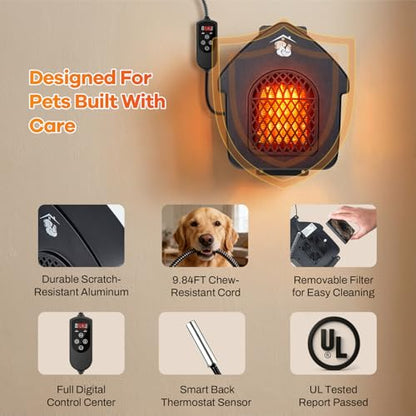 600W Dog House Heater with Shermostat, Wall Mount, 10ft Anti Bite Cord, Overheat Protection, Electric Warmer for Hound Kennel, Cat Cage, Chicken Coop, UL Test Passed, Black