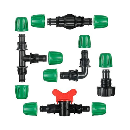 19 Pcs 1/2 Inch Drip Irrigation Fittings Kit (1/2" ID x0.6-0.63" OD) 1/2" Irrigation Tubing Connectors Barbed Locked Nuts Connectors Including 6 Tees, 6 Couplings, 4 Ends 2 Elbows,1 Switch Valves - size: 1/2 inch Fittings Kit