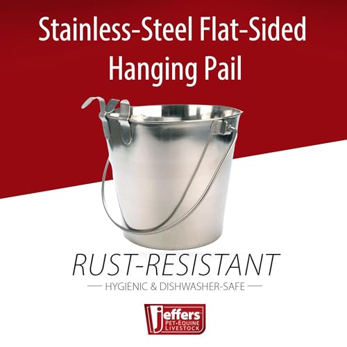 Jeffers Flat Sided Stainless Steel Pails with Handle & 1 Hook – Dishwasher Safe, Durable Feeding & Milk or Water Buckets for Pet, Horse. Livestock & Farm Use for Kennel, Cage, Fence - 2 Quart