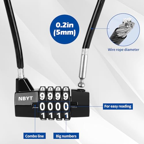 Cable Locks with Combination,Steel Cable Rope Wire 4-Digit Combination Lock with Resettable Code for Bikes, Lockers, File Cabinets, Wardrobes, Small Fences,gate Lock, Pool Padlock. - size: Span5.9",Cable length11*0.2 in