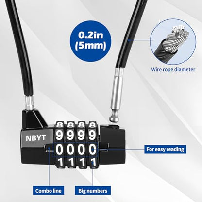 Cable Locks with Combination,Steel Cable Rope Wire 4-Digit Combination Lock with Resettable Code for Bikes, Lockers, File Cabinets, Wardrobes, Small Fences,gate Lock, Pool Padlock. - size: Span 7 in,Cable length 15*0.2 in