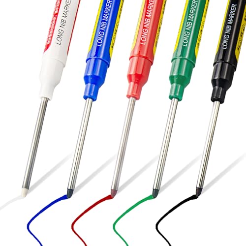 5pcs Long Nib Deep Hole Marker Pen - 45mm Extra-Length Tip for Precise Marking, Refillable Water-Resistant Construction Marker, Heavy-Duty Carpenter Pen for Woodworking & Plumbing - color: 5 color