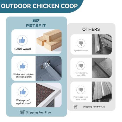 Petsfit Large Chicken Coop with Upgraded Perches, Wooden Outdoor Chicken Cage with Large Nesting Box, Weatherproof Open Asphalt Roof &Removable Bottom, Duck House, Rabbit Hutch - color: Grey