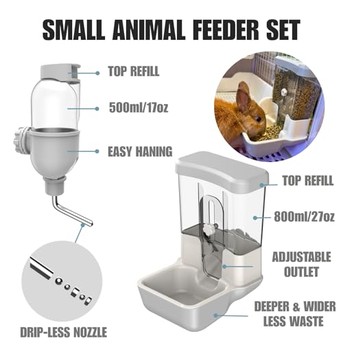 Automatic Pet Food Water Dispenser, Auto Gravity Pet Feeder Water Bottle Set for Crate Cage, Feeding Station for Small Dog Cat Rabbit Guinea Pigs Chinchilla Ferret Hedgehog (Gray) - color: Gray