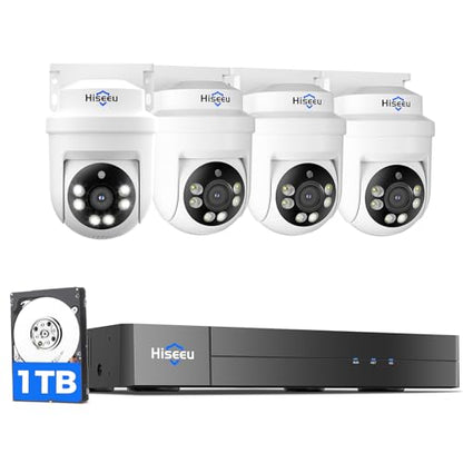 Hiseeu 3K 360° View PTZ Wired Security Camera System 4 Channel | Smart Color Night Vision,Audio 8ch 5MP DVR,4PCS Cameras,1TB HDD,Person/Vehicle Detection,Home CCTV Camera System Outdoor - color: White 4 CH