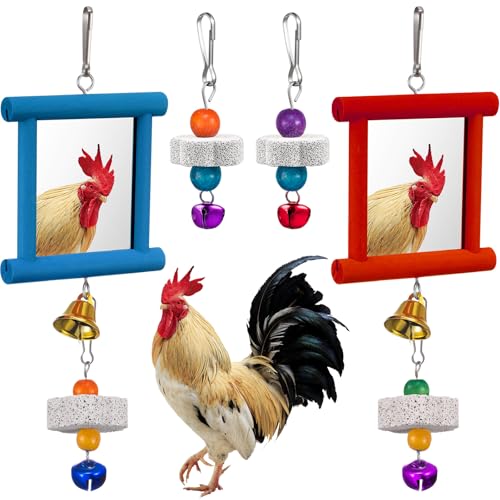 Sumind 2 Pieces Chicken Mirror Toys Hanging Swing Mirror with Bell Wooden Pecking Toy and 4 Pieces Beak Grinding Molar Stones for Hens Birds Parrots(Red,Blue) - color: Red,Blue