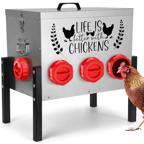 TGEYD 50LB Large Automatic Chicken Feeder – 8 Feeding Ports, No-Waste Poultry Feeder, with Adjustable Legs & Locking Lid - color: Galvanized gray