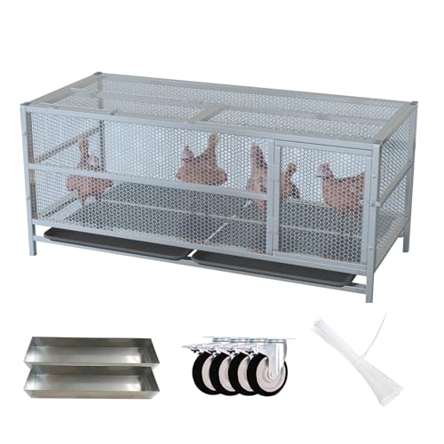 Chicken Cage Metal Poultry Breeding Coop with Pull-Out Trays Feeding troughs and Wheels Chickens Coop Run Enclosure Pen for Yard Farm Small Animals Duck Rabbit Hen(Color:Gray - 59" x 23.6" x 28.7") - color: Gray - 59" x 23.6" x 28.7"