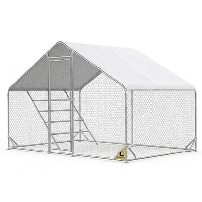 Walk-in Large Metal Chicken Coop for 1-10 Chickens, 10' x 6.6' x 6.6' Heavy Duty Poultry Cage with Elevated Roosting Perch & Waterproof Cover, Reinforced Steel Outdoor Backyard Run Pen - size: 118.0"L x 80.0"W x 80.0"H