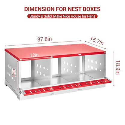 GarveeLife Chicken Nesting Boxes for Laying Eggs, Metal Chicken Nesting Box with Vented Holes and Swing Perch for Chicken Coop, Egg Laying Boxes for Chickens, Hens, Ducks (3 Compartments) - size: 3 compartments