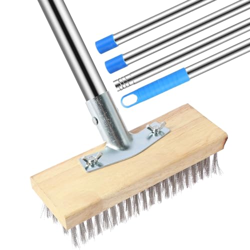 Stainless Steel Wire Floor Brush Wire Broom with 4 Section Detachable Long Pole Heavy Duty Wire Deck Brush Multipurpose Wire Cleaning Brushes for Rough Surface, Concrete Floor, Patio, Garden, Garage