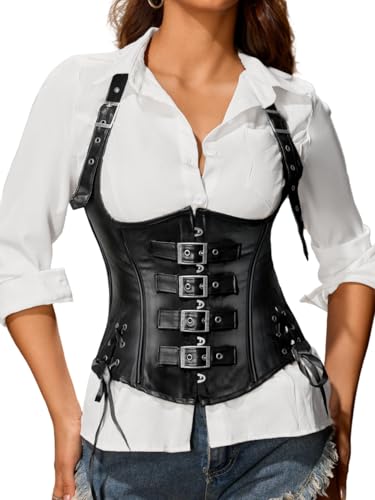 ChiaoLezhee Halter Buckle Underbust Corset with Straps, Lace-Up Waist Cincher Belt Boned, Rave Concert Club Tops For Women - color: Black Faux Leather, size: 2-4