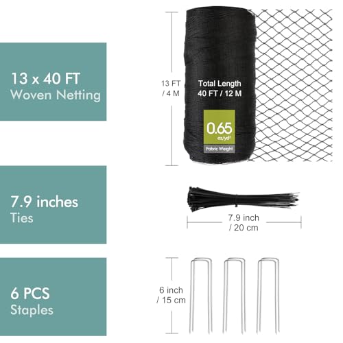 Bird Netting for Garden, Fetanten 13 x 40 FT Netting for Garden Protection Vegetables Fruit Trees Blueberry from Birds Deer Poultry, Heavy Duty Woven Mesh Net Animal Fencing with Ties and Staples - size: 13 x 40FT