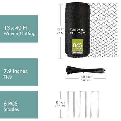 Bird Netting for Garden, Fetanten 13 x 40 FT Netting for Garden Protection Vegetables Fruit Trees Blueberry from Birds Deer Poultry, Heavy Duty Woven Mesh Net Animal Fencing with Ties and Staples - size: 13 x 40FT