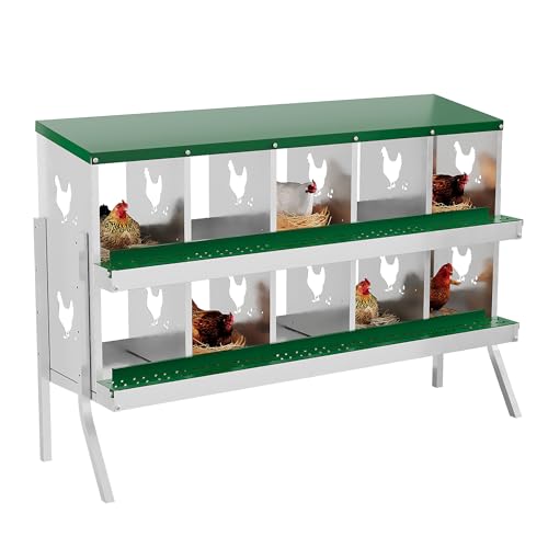 Chicken Nesting Boxes, 10-Hole Metal Nesting Box with Perch & Roll-Away Egg Design – Wall Mount or Freestanding Laying Box for Hens, Ducks, Quail (Heavy-Duty Galvanized Steel),Green. 1 - color: Green, size: 10 Holes with Legs