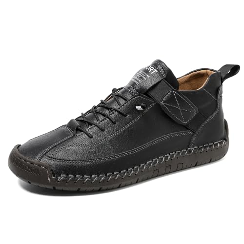 Womens Hand Stitching Leather Slip-On Ankle Boots with Adjustable Elastic Band Casual Lightweight Non-Slip Walking Loafers Retro High Top Flat Boat Shoes - color: Black, size: 6 Wide