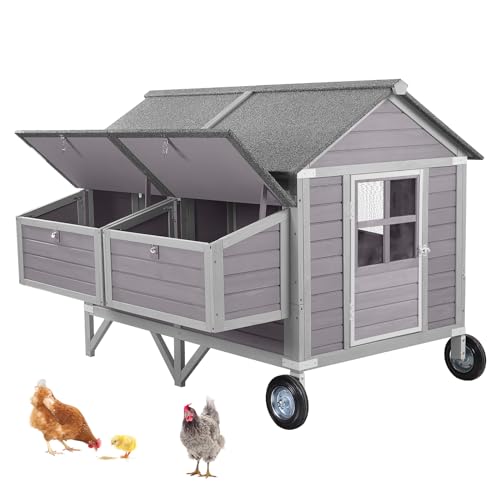 Outdoor Chicken Coops with Large Wheels,Upgrade Large Poultry Cage with Strong Iron Frame,Wooden Hen House for 4-6 Chickens - color: Grey, size: 68.1"L x 41.3"W x 49.0"H