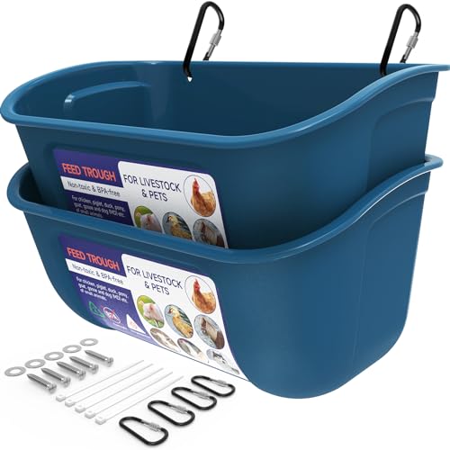 Goovilla Chicken Feeder Waterer, Hanging or Screw-in Fence Feeders with Clips, 2 Pack 5 Quart Goat Feeding Supplies, Duck Piglet Sheeple Coop Dog Livestock Poultry Plastic Feeder Trough Bucket, Blue - color: Dark Blue, size: 5 Quart