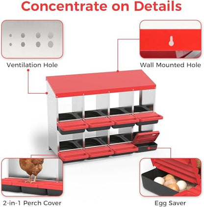 Heavy Duty Galvanized Steel Chicken Nesting Box – 8 Holes, Roll Away Egg Laying, Protective Lid, Wall Mounted or Freestanding, Easy Clean, Vented Pegboard Side, Red (Pegboard Side Design) - color: Red, size: 8 Room&Mat Board