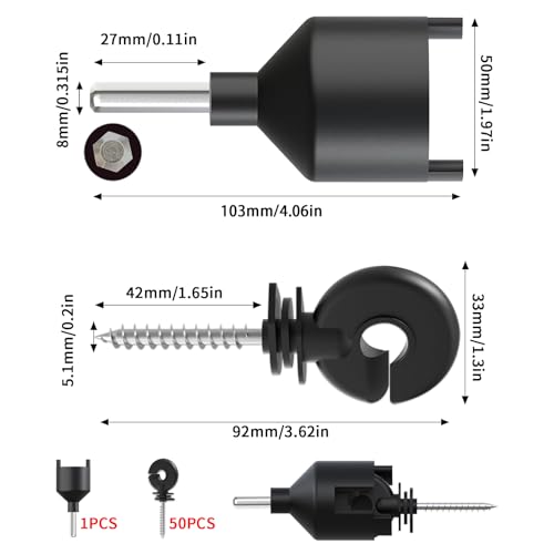 50-Pack UV-Resistant Screw-in Electric Fence Ring Insulators for Wood Posts, Heavy Duty for Animal Livestock, Includes Free Installation Socket Tool (Black)