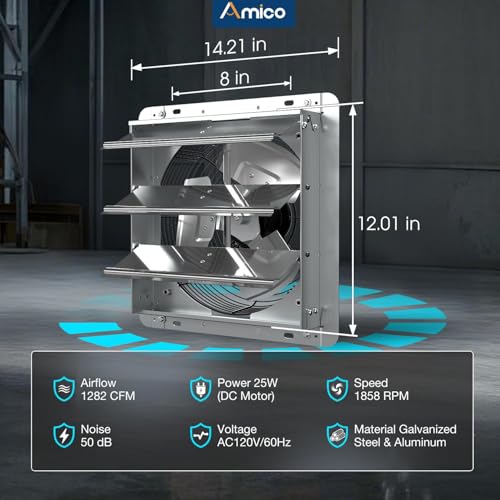 Amico 12" Smart Shutter Exhaust Fan with Thermostat & 8 Speed, 1282 CFM (Up To 1600 Sq.Ft), 25W Energy Saving Brushless DC Motor, Wall Mount Garage/Attic/Greenhouse Vent Fan, Plug & Play, FCC - size: 12 inch
