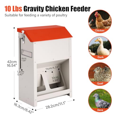 10LB Wall Mount Chicken Feeder, Hanging Poultry Food Dispenser No Waste No Spill for Chickens Ducks Coop Supplies (No Assembly)