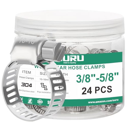 OURU 24PCS Hose Clamps Stainless Steel Adjustable 3/8"– 5/8"(10-16mm) Worm Gear Hose Clamp, Heavy Duty Metal Small Hose Clamps for Automotive, Pipe, Radiator Plumbing, Fuel Line - size: 3/8"-5/8"(10-16mm)