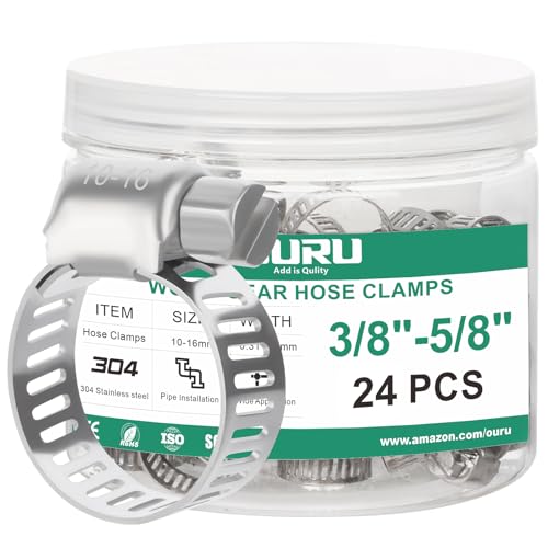 OURU 24PCS Hose Clamps Stainless Steel Adjustable 3/8"– 5/8"(10-16mm) Worm Gear Hose Clamp, Heavy Duty Metal Small Hose Clamps for Automotive, Pipe, Radiator Plumbing, Fuel Line - size: 3/8"-5/8"(10-16mm)