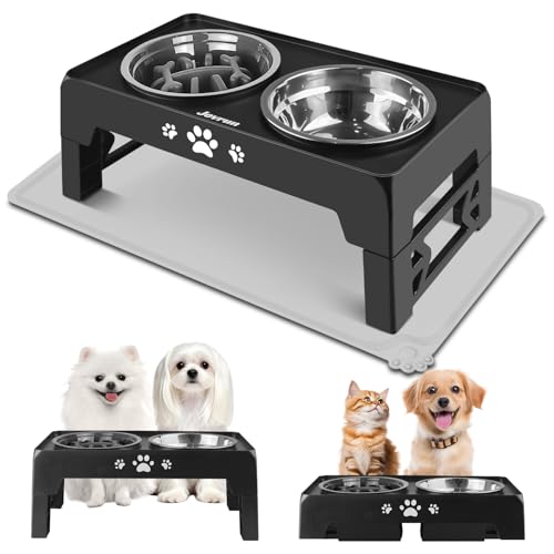 Jovrun Elevated Dog Bowls for Small Dogs and Cats with Mat, Non-Slip Cat Bowls with 1*Stainless Steel Dishes & 1*Slow Feeder Bowl, Dog Feeder 2 Heights Adjustable to 2.6"-5.3" - color: Black, size: for Small Dogs 1 Basic&1Slow Bowl with Mat