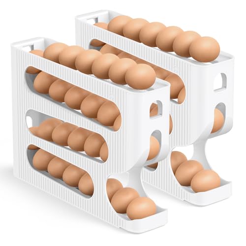 Sotfamily FIFO Egg Holder for Fridge, Egg Organizer for 56 Large Size Eggs | 2-Pack Auto Rolling Egg Dispenser for Refrigerator, Space-Saving Egg Roller/Container/Storage for Kitchen Countertop - color: White, size: 2 Packs