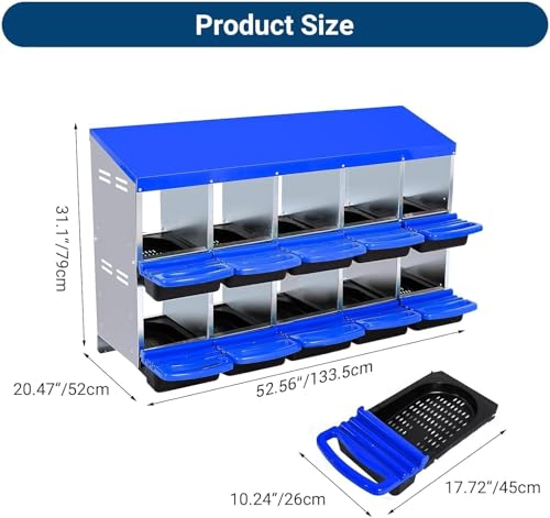 10 Hole Chicken Nesting Boxes - Nesting Boxes Chicken with Roll Away Design & Lid Cover,Easy Egg Collection, Hen Roosting Nest, Durable Poultry Laying Boxes for Hens - color: Blue, size: 10 Cells