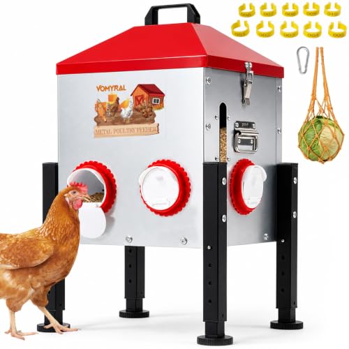 Automatic Chicken Feeder, 40LB Large Chicken Feeder with 6 Feeding Ports, No Waste Metal Poultry Feeder, Rat Proof Design, View Window, Height-Adjustable Legs for Ducks, Geese & Chickens - size: 6 Ports - Max 40 lb