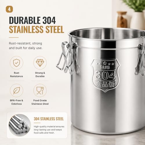 12L/2.64gal Stainless Steel Airtight Canister, Food Storage Canisters with Airtight Lid&Locking Clamp, Rice Container Cereal Grain Canisters, Storager Bucket for Flour, Coffee Bean, Sugar, Cookie - color: 12L