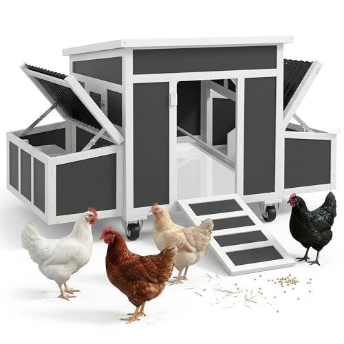 PawHut Wooden Chicken Coop, Chicken Tractor for 2-4 Chickens, Outdoor Poultry Cage Rabbit Hutch Duck Coop Hen House with Nesting Box, Tray, Windows, Dark Gray