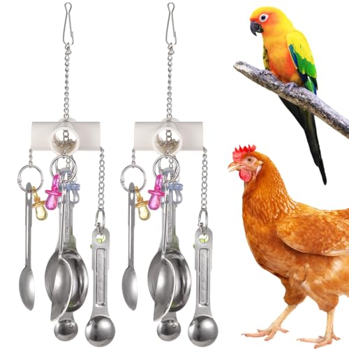 2 Pcs Chicken Enrichment Toys, Hanging Bird Toys with Metal Spoons, Colorful Foraging Chew Toys for Chickens, Hens, Ducks, Parrots and Poultry Coop Accessories