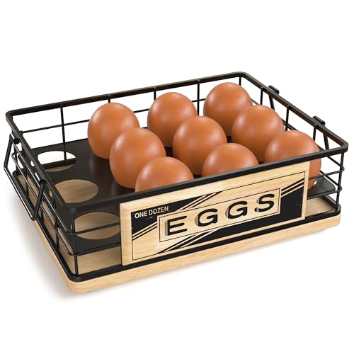Farmhouse Wooden Egg Holder Countertop, Oak Wood & Metal Egg Basket with Handles for Fresh Eggs, Stackable Rustic Egg Tray Organizer for Kitchen Counter, Holds 12 Eggs Farm Fresh Egg Storage (Natural) - color: Natural & Black