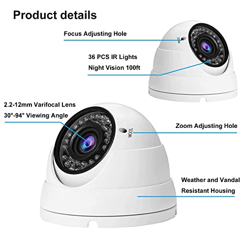 2MP CCTV Camera HD 1080P 4-in-1 (TVI/AHD/CVI/960H/CVBS) Security Dome Camera, 2.8-12mm Varifocal Lens Analog Video Surveillance, Wide Angle Viewing Day & Night Indoor Outdoor Waterproof (White) - color: White