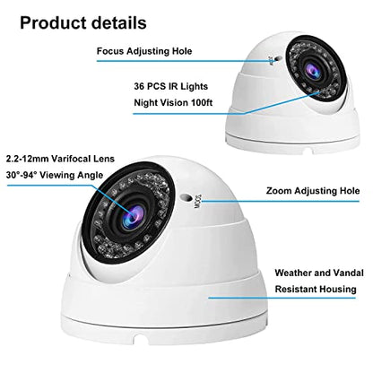 2MP CCTV Camera HD 1080P 4-in-1 (TVI/AHD/CVI/960H/CVBS) Security Dome Camera, 2.8-12mm Varifocal Lens Analog Video Surveillance, Wide Angle Viewing Day & Night Indoor Outdoor Waterproof (White) - color: White