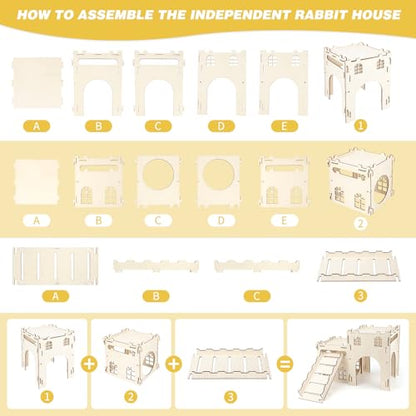 BWOGUE Extra Large Wooden Bunny Castle Hideout Split Balcony for Indoor Bunnies, Multistory Climbing Tower Hideout with Stairs, Ventilated Sturdy House for Rabbits Guinea Pigs and Chinchillas - style: 2 House and 1 Ladder