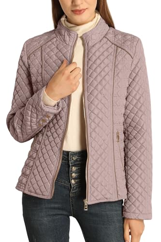 Bellivera Women's Stand Collar Lightweight Quilted Puffer Jacket | Casual Padded Zip Long Sleeve Coat for Spring and Winter with Pockets - color: Pink, size: Small
