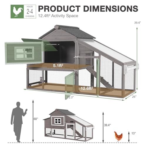 Large Wooden Chicken Coop Mobile Poultry Cage Hen House with Wheels, Nesting Box, Leakproof Pull-Out Tray, Weatherproof Roof for 3-5 Chickens, 72.3" L x 26" W x 39.4" H (Brown)