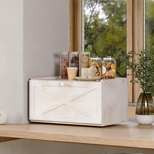 Trironsun Bamboo Bread Box for Kitchen Counter Farmhouse Bread Storage Container Large Capacity Bread Storage Bin Bread Holder (Antique White) - color: Antique White