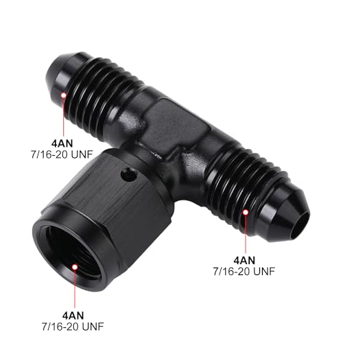 4AN Male Flare Tee T Fitting Adapter with AN4 Female Swivel On Side Aluminum Black - size: 4AN
