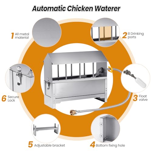Automatic Chicken Waterer Stainless Steel Chicken Water Dispenser | Poultry Waterer | Chicken Watering System with Float Valve | for Duck Pigeon Goose Turkey Backyard Chicken Coop Home Farm