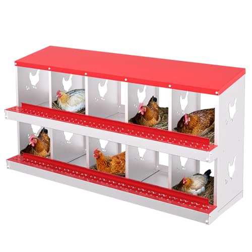 Chicken Nesting Box, 10 Compartment Chicken Nesting Box, Metal Chicken Laying Boxes with Perch, Metal Roll Away Eggs Laying Boxes, Versatile Wall Mount or Free Standing for Chickens - color: red, size: 56.9"L x 17.9"W x 7.1"H
